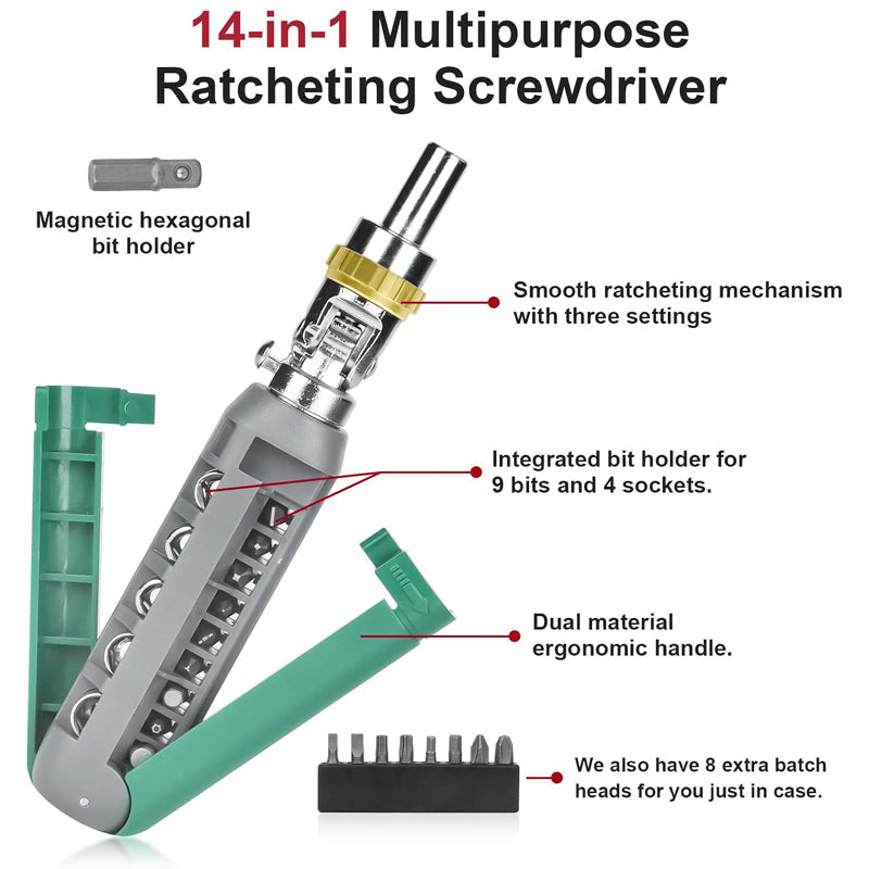 Ratcheting screwdriver set Tool Kit 14-in-1 Screw Driver Set Kit Multi Screwdriver with Magnetic Tip, 180° Adjustable Angle