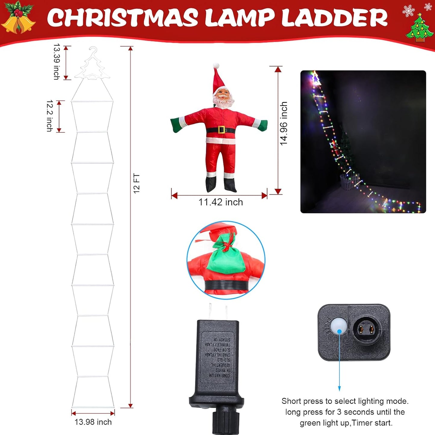 🎄 LED Christmas Decorative Ladder Lights with Santa Claus 🎅✨